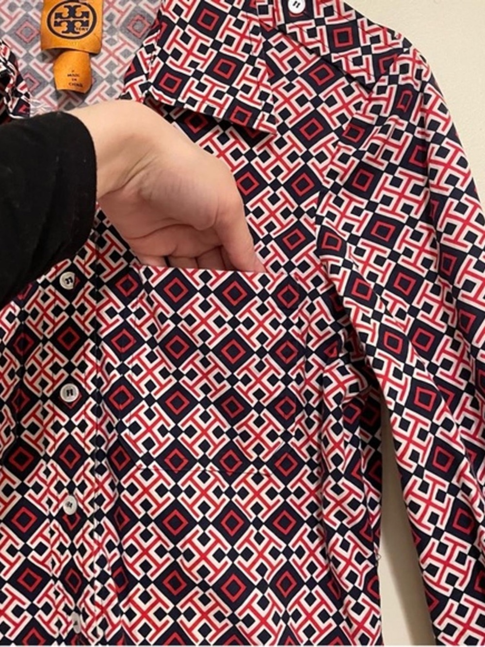 Tory Burch Navy & Pink Geometric Print Button-Up Shirt - Picture 3 of 5